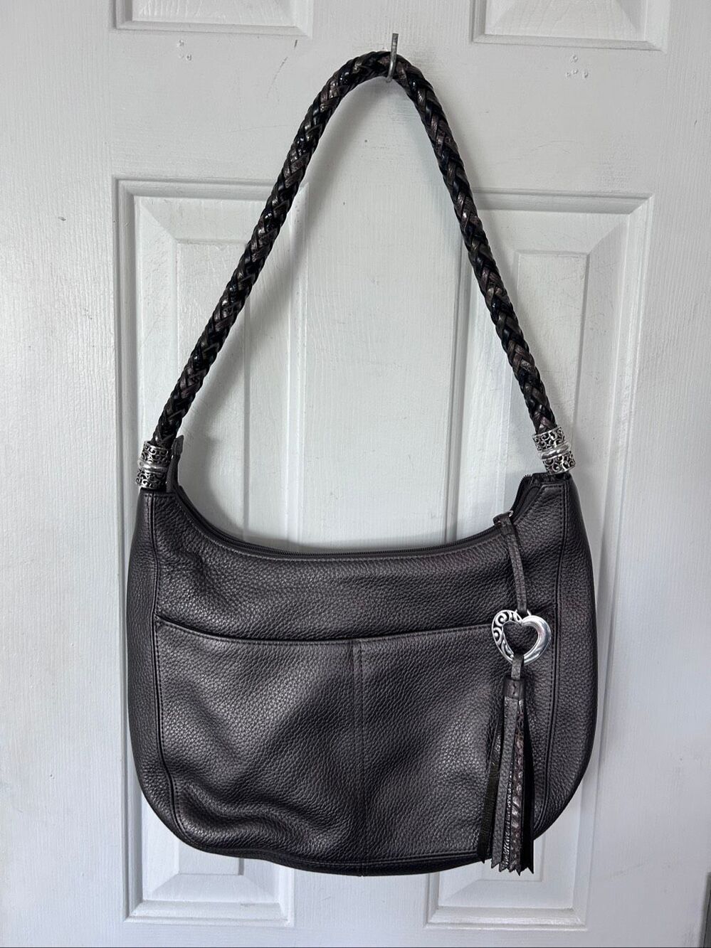 Brighton Barbados Hobo  Shoulder Bag Black Pebbled Leather Heart Fob & Tassel gr